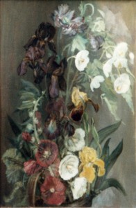 Iris And Hollyhocks Iris And Hollyhocks